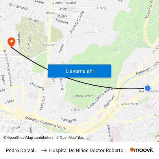 Pedro De Valdivia to Hospital De Niños Doctor Roberto Del Río map