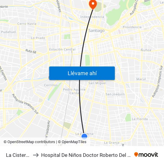 La Cisterna to Hospital De Niños Doctor Roberto Del Río map