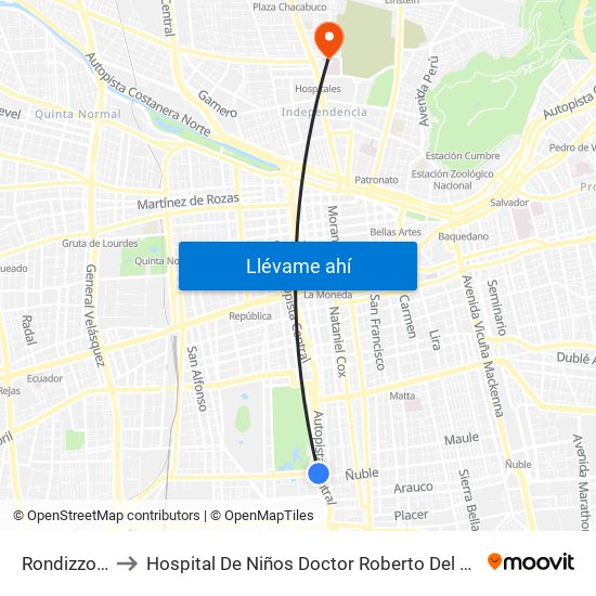 Rondizzoni to Hospital De Niños Doctor Roberto Del Río map