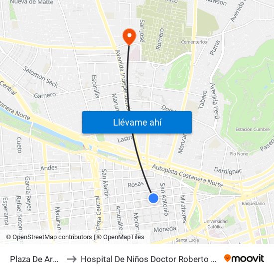 Plaza De Armas to Hospital De Niños Doctor Roberto Del Río map