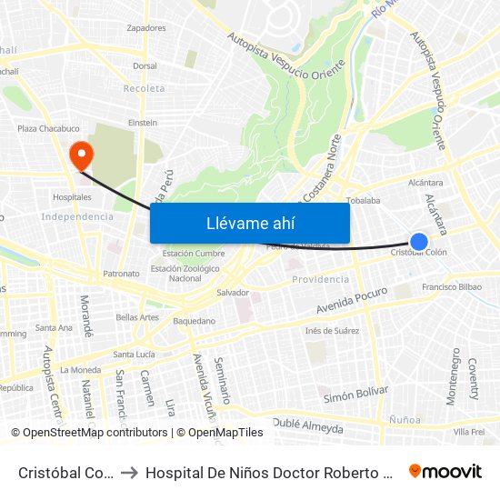 Cristóbal Colón to Hospital De Niños Doctor Roberto Del Río map