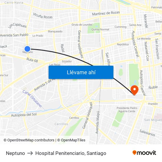 Neptuno to Hospital Penitenciario, Santiago map