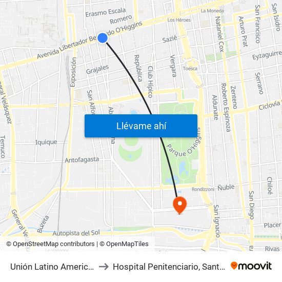 Unión Latino Americana to Hospital Penitenciario, Santiago map