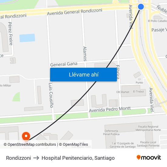 Rondizzoni to Hospital Penitenciario, Santiago map