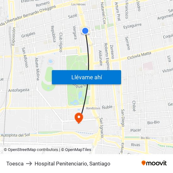 Toesca to Hospital Penitenciario, Santiago map