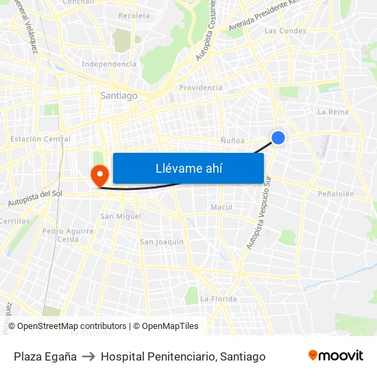 Plaza Egaña to Hospital Penitenciario, Santiago map