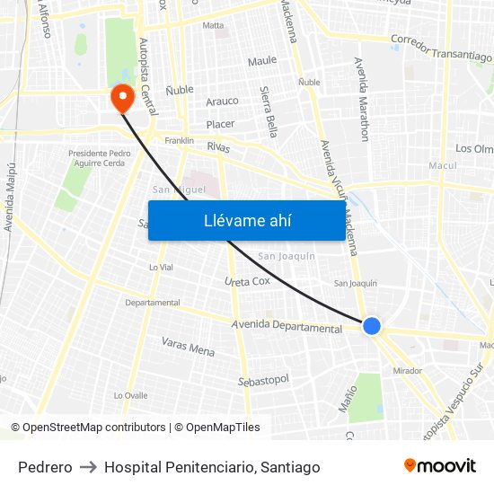 Pedrero to Hospital Penitenciario, Santiago map