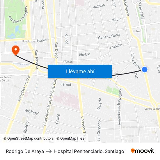 Rodrigo De Araya to Hospital Penitenciario, Santiago map