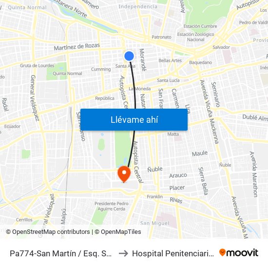 Pa774-San Martín / Esq. Santo Domingo to Hospital Penitenciario, Santiago map