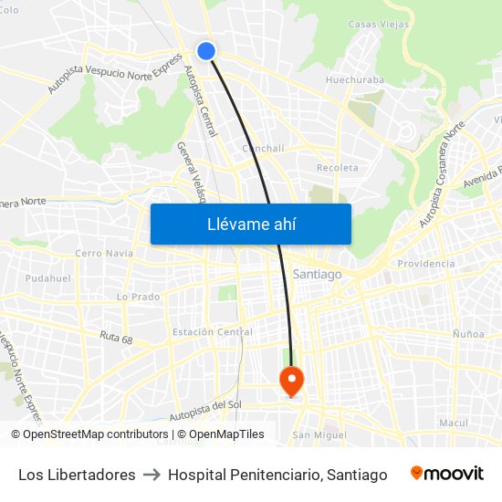 Los Libertadores to Hospital Penitenciario, Santiago map