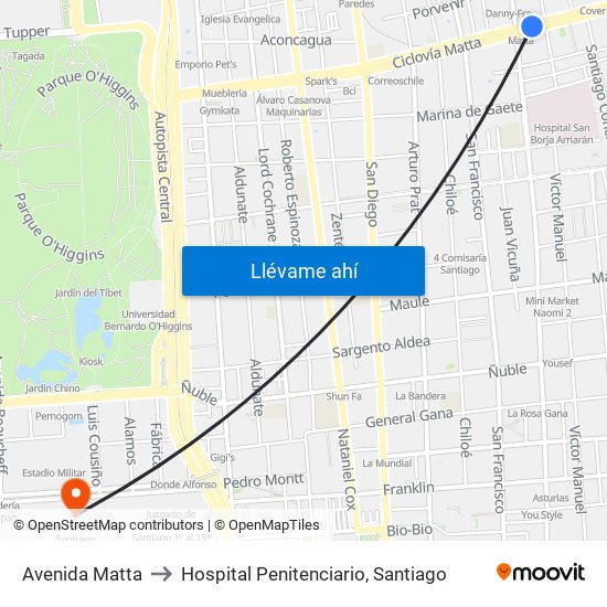 Avenida Matta to Hospital Penitenciario, Santiago map