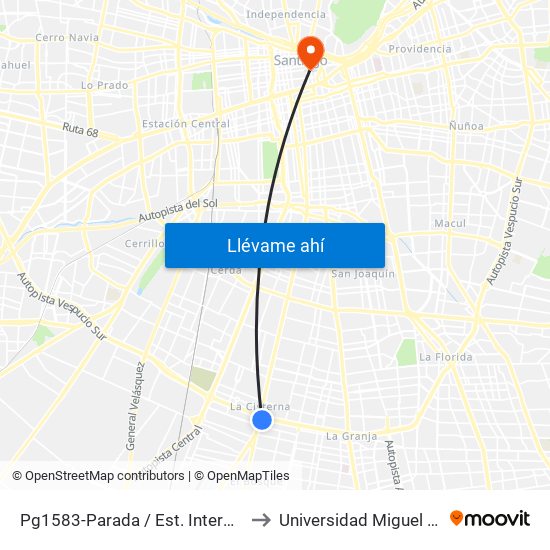 Pg1583-Parada / Est. Intermodal La Cisterna to Universidad Miguel De Cervantes map