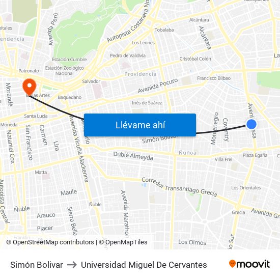 Simón Bolivar to Universidad Miguel De Cervantes map