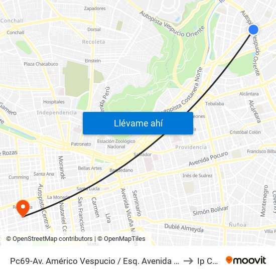 Pc69-Av. Américo Vespucio / Esq. Avenida Vitacura to Ip Chile map