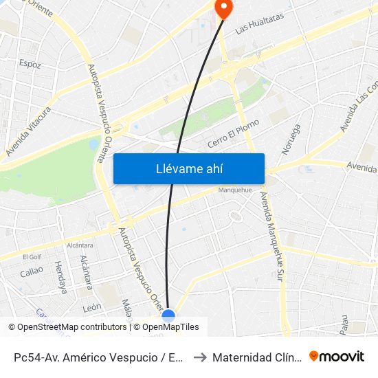 Pc54-Av. Américo Vespucio / Esq. Av. Cristóbal Colón to Maternidad Clínica Alemana map