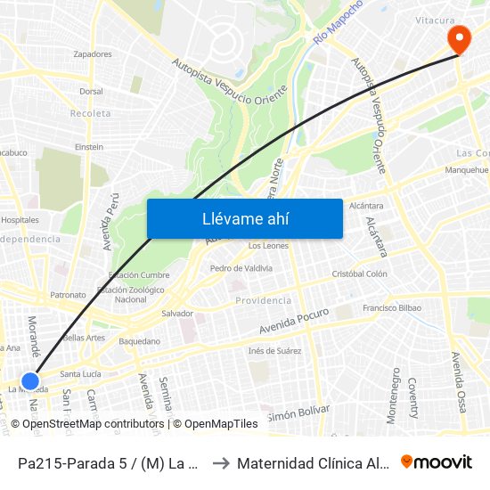 Pa215-Parada 5 / (M) La Moneda to Maternidad Clínica Alemana map