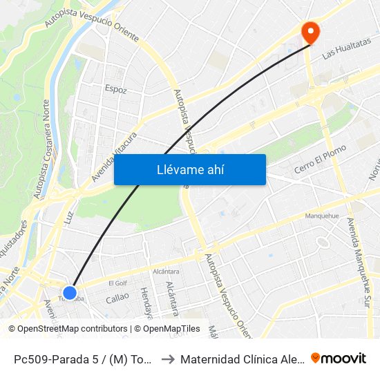 Pc509-Parada 5 / (M) Tobalaba to Maternidad Clínica Alemana map