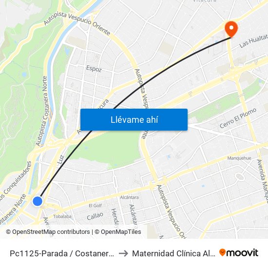 Pc1125-Parada / Costanera Center to Maternidad Clínica Alemana map