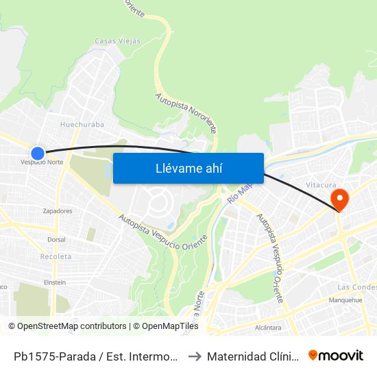 Pb1575-Parada / Est. Intermodal Vespucio Norte to Maternidad Clínica Alemana map