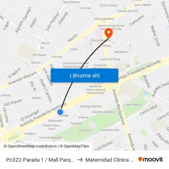 Pc322-Parada 1 / Mall Parque Arauco to Maternidad Clínica Alemana map