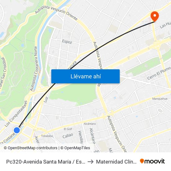 Pc320-Avenida Santa María / Esq. Puente Los Leones to Maternidad Clínica Alemana map