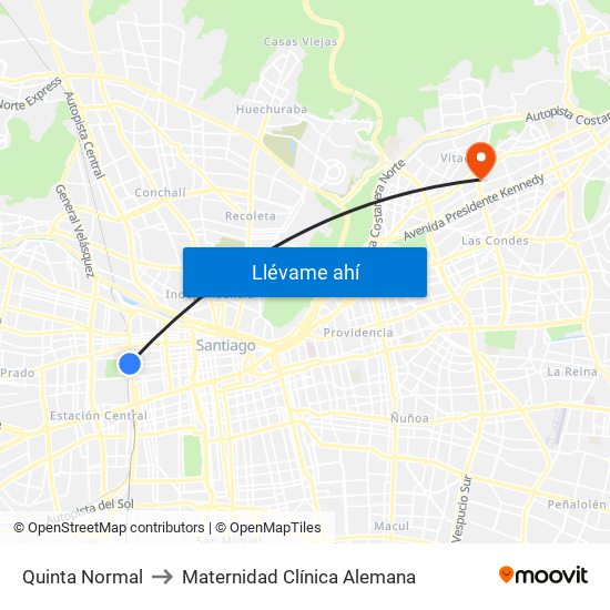 Quinta Normal to Maternidad Clínica Alemana map