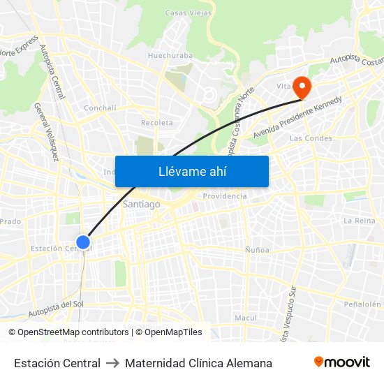 Estación Central to Maternidad Clínica Alemana map