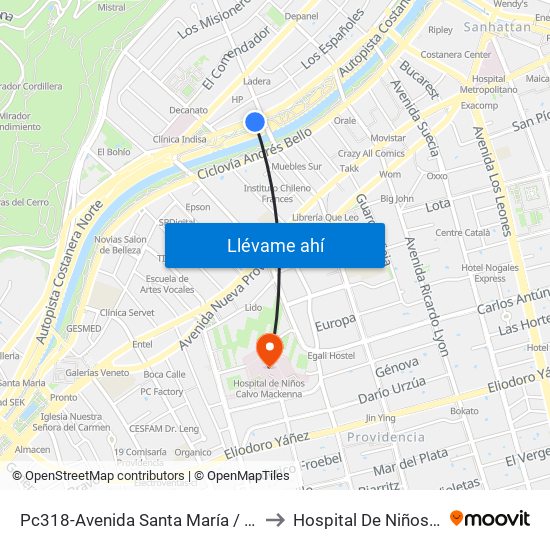 Pc318-Avenida Santa María / Esq. Av. Pedro De Valdivia to Hospital De Niños Calvo Mackenna map