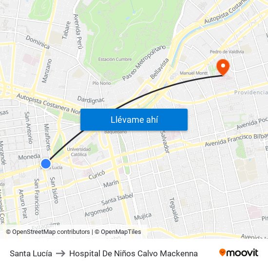 Santa Lucía to Hospital De Niños Calvo Mackenna map