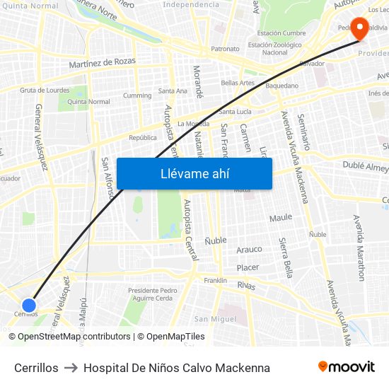 Cerrillos to Hospital De Niños Calvo Mackenna map