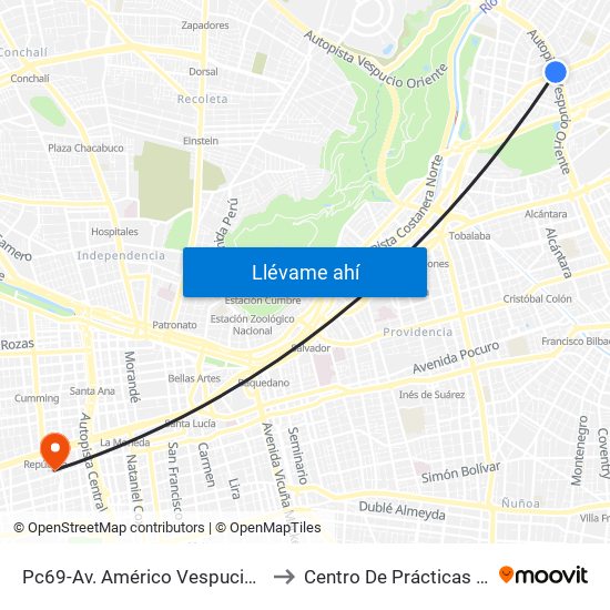 Pc69-Av. Américo Vespucio / Esq. Avenida Vitacura to Centro De Prácticas Profesionales Udla map