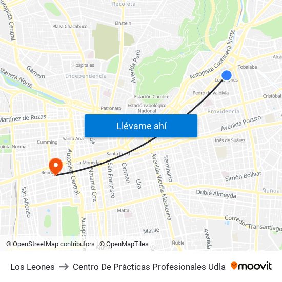 Los Leones to Centro De Prácticas Profesionales Udla map