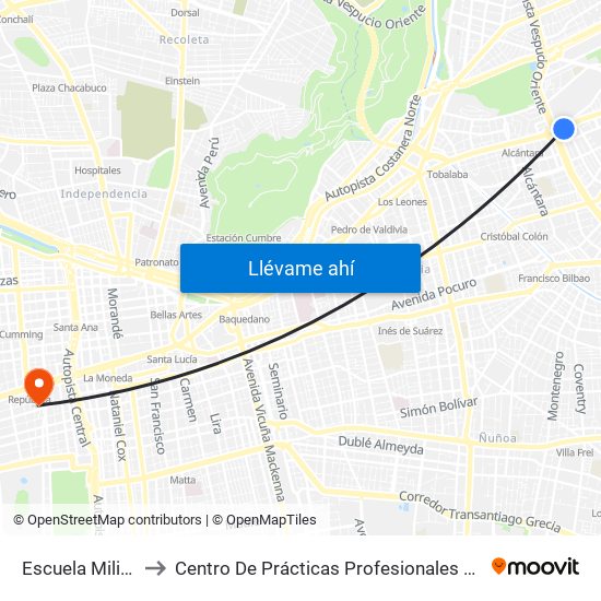 Escuela Militar to Centro De Prácticas Profesionales Udla map