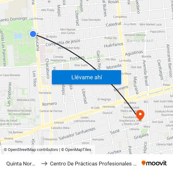 Quinta Normal to Centro De Prácticas Profesionales Udla map