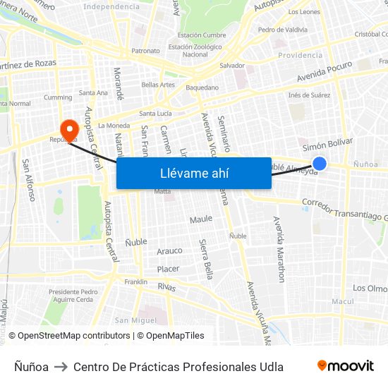 Ñuñoa to Centro De Prácticas Profesionales Udla map