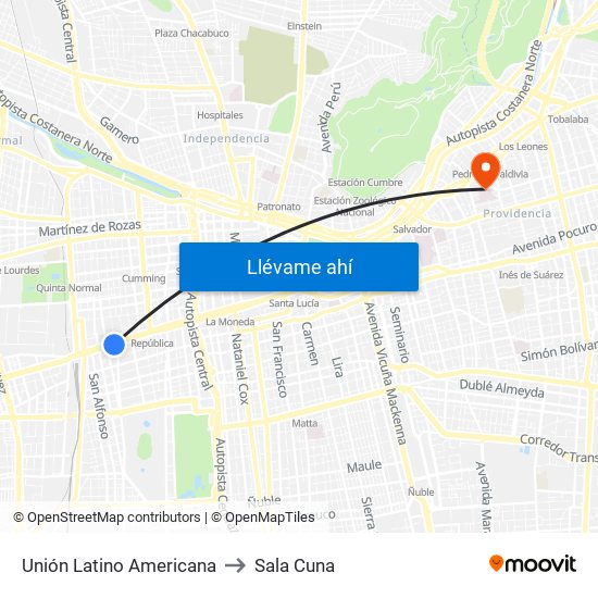 Unión Latino Americana to Sala Cuna map