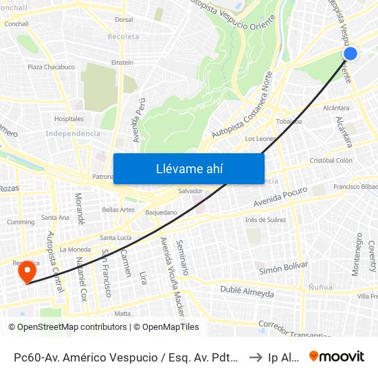 Pc60-Av. Américo Vespucio / Esq. Av. Pdte. Kennedy to Ip Alpes map