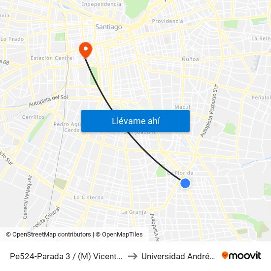 Pe524-Parada 3 / (M) Vicente Valdés to Universidad Andrés Bello map