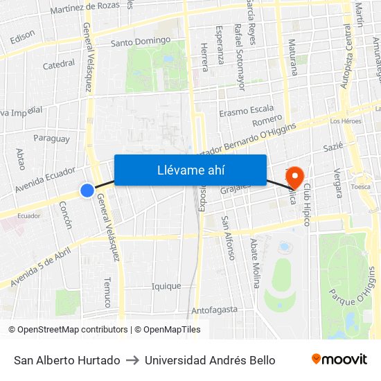 San Alberto Hurtado to Universidad Andrés Bello map