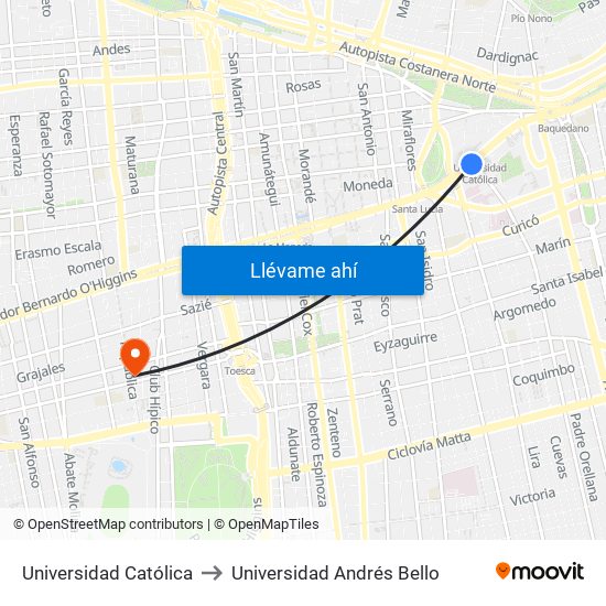 Universidad Católica to Universidad Andrés Bello map