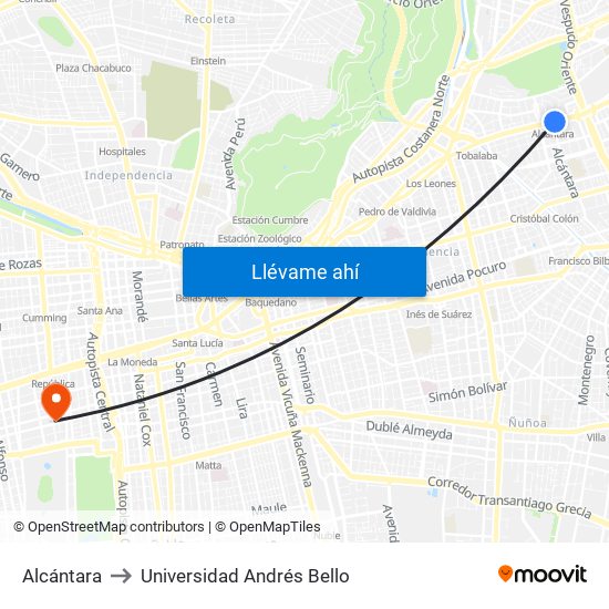 Alcántara to Universidad Andrés Bello map