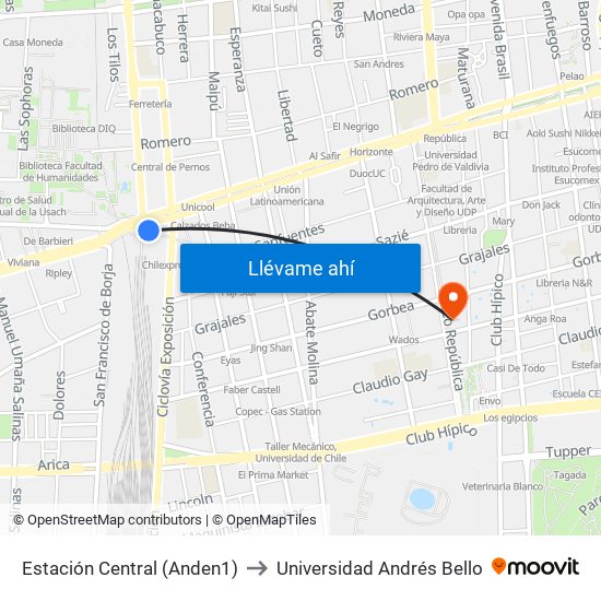 Estación Central (Anden1) to Universidad Andrés Bello map