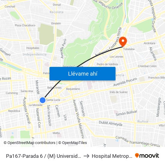 Pa167-Parada 6 / (M) Universidad De Chile to Hospital Metropolitano map