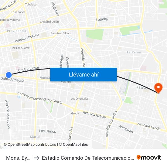 Mons. Eyzaguirre to Estadio Comando De Telecomunicaciones Del Ejército De Chile map