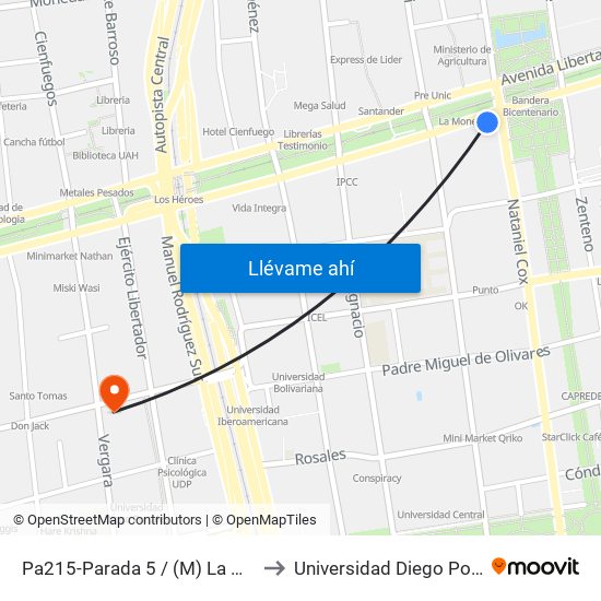 Pa215-Parada 5 / (M) La Moneda to Universidad Diego Portales map