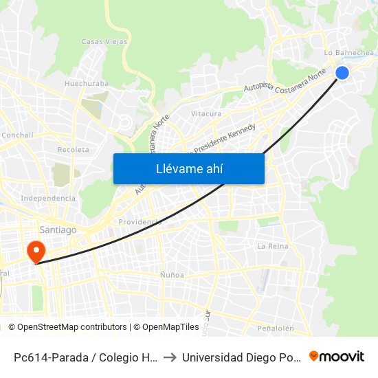 Pc614-Parada / Colegio Hebreo to Universidad Diego Portales map