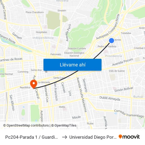 Pc204-Parada 1 / Guardia Vieja to Universidad Diego Portales map