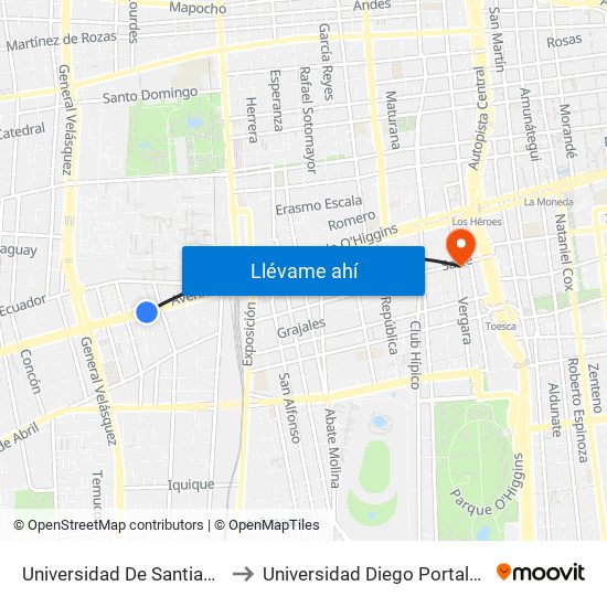 Universidad De Santiago to Universidad Diego Portales map