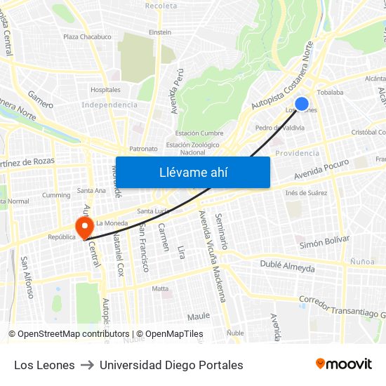 Los Leones to Universidad Diego Portales map