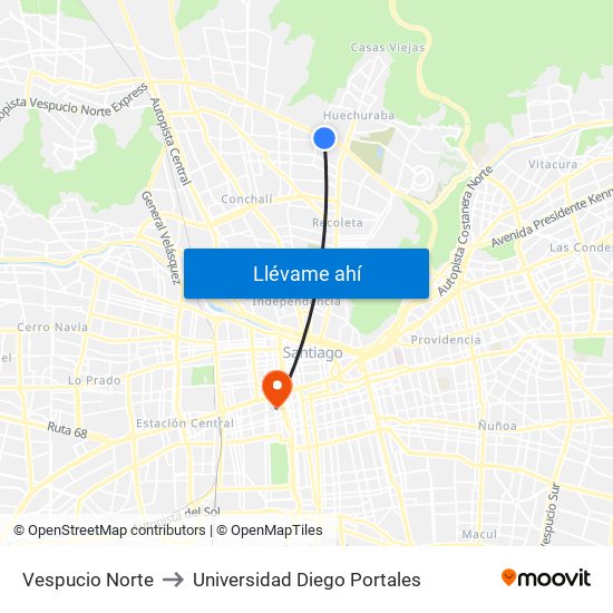 Vespucio Norte to Universidad Diego Portales map